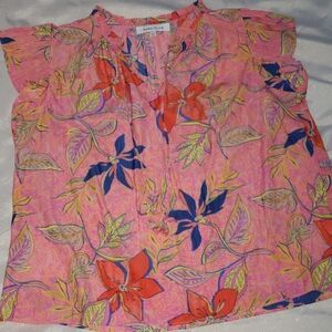 Rose & Olive Pink Floral Blouse with Orange and Blue Accents